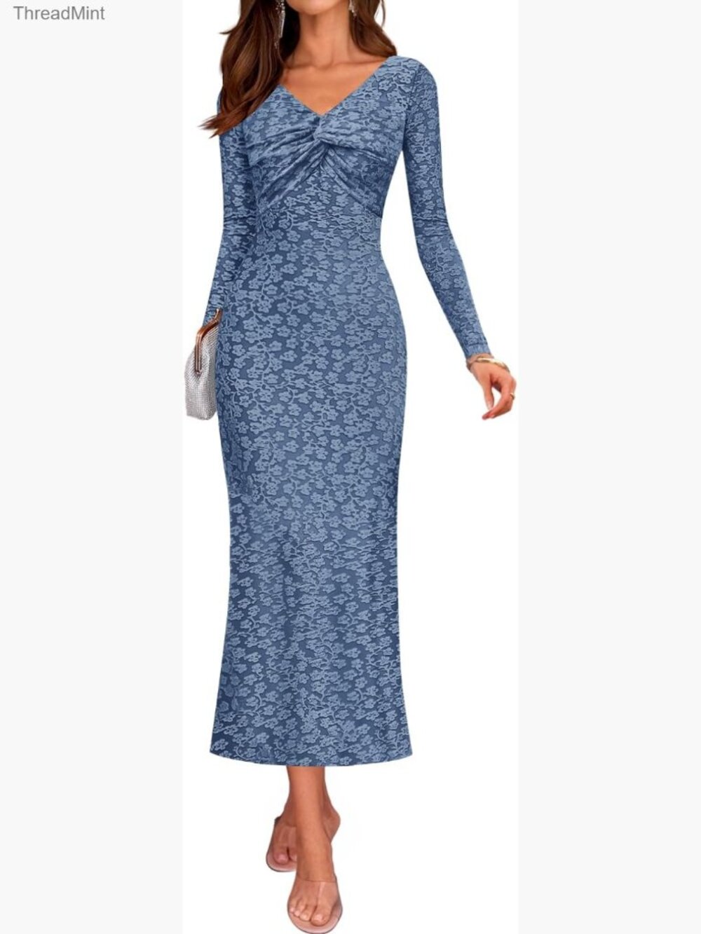 Long Sleeve Floral Bodycon Midi Dress V Neck Cocktail Party Slim Fit